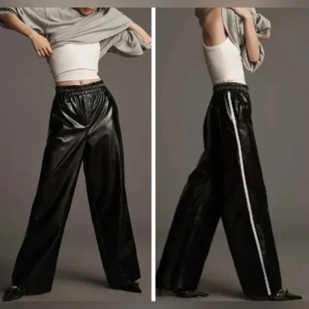 Maeve Black Wide-Leg Faux Leather Track Pants with White Side Stripe